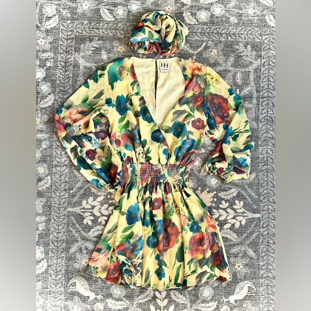 Haute Hippie Floral faux Wrap Mini Dress long sleeves and matching scarf